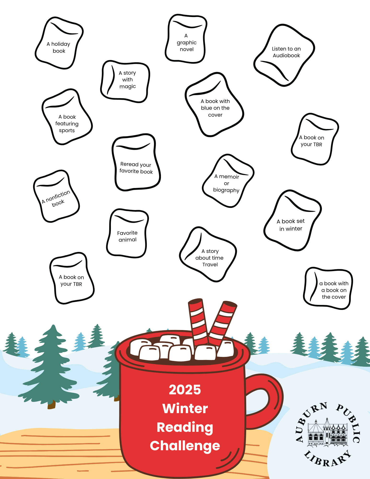 Red Cocoa Cup with marshmallows with reading prompts