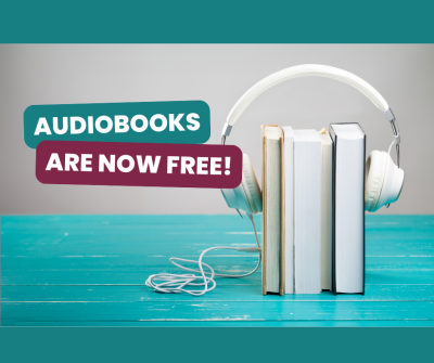 Books with headphones on blue wood table with grey background