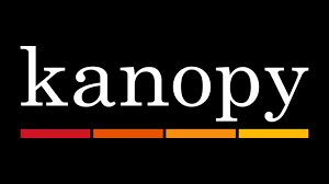 Kanopy in white text with black background and four small rectangles under the text