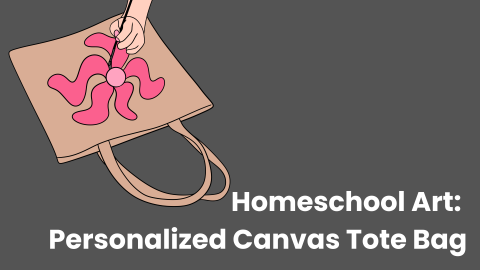 Drawing of canvas tote bag with pink flower being painted on it