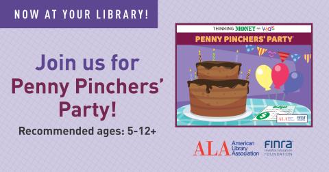 Penny Pinchers Party Graphic from ALA on purple background