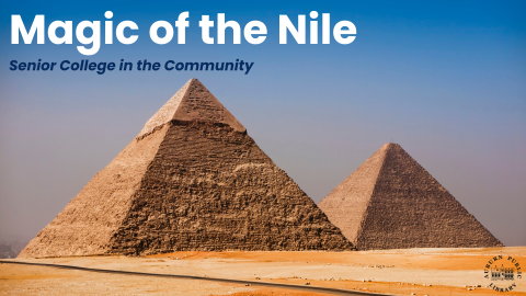 Magic of the Nile text in white over image of desert with two pyramids