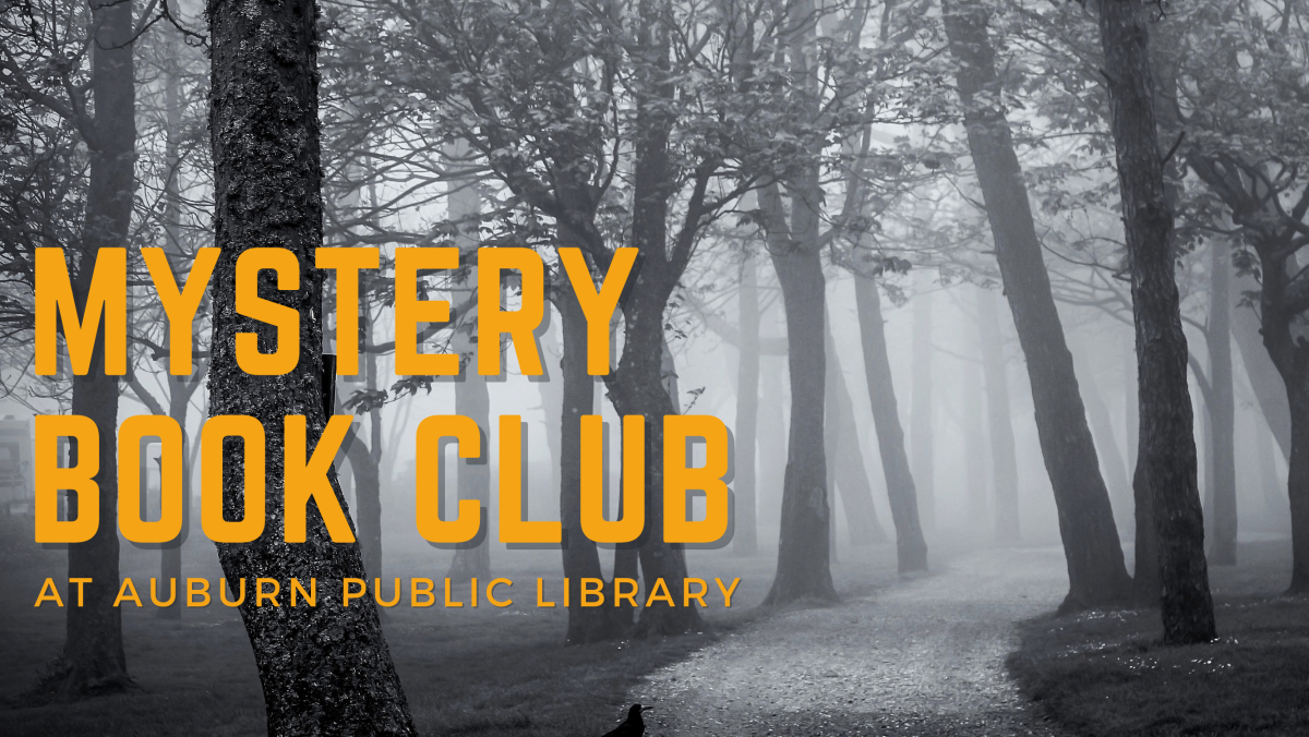 Spooky Trees with Mystery Book Club text in yellow