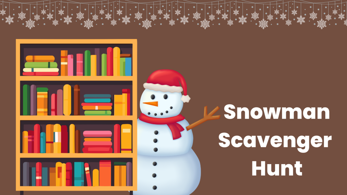 Snowman hiding behind book shelf