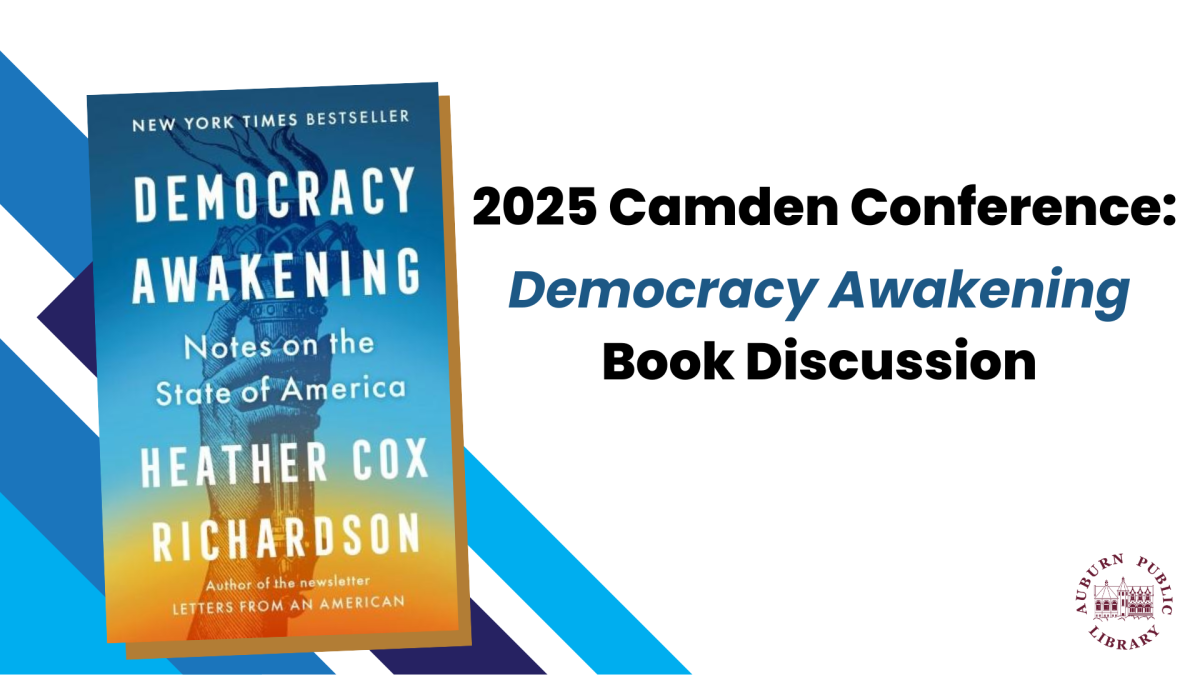 Book Cover of Democracy Awakening with white background and blue stripes in corner