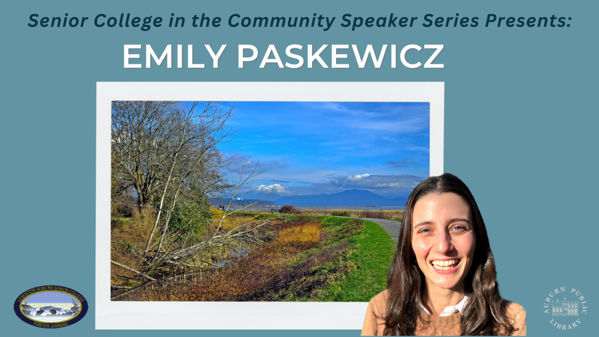 Emily Paskewicz headshot with blue background and photo of bike path with mountains and greenery.