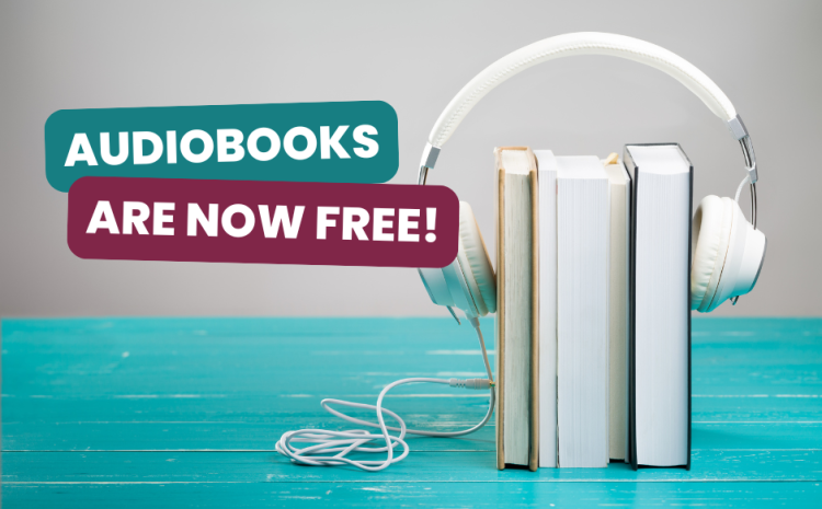 Books with headphones on blue wood table with grey background